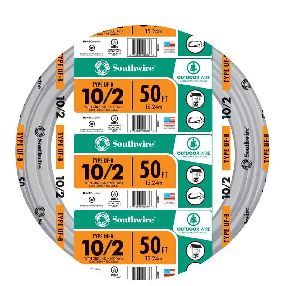 Southwire 50 ft. 10/2 Gray Solid CU UF-B W/G Wire