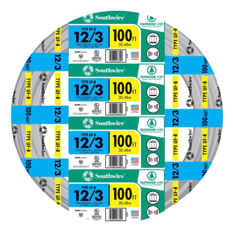 Southwire 100 ft. 12/3 Gray Solid CU UF-B W/G Wire