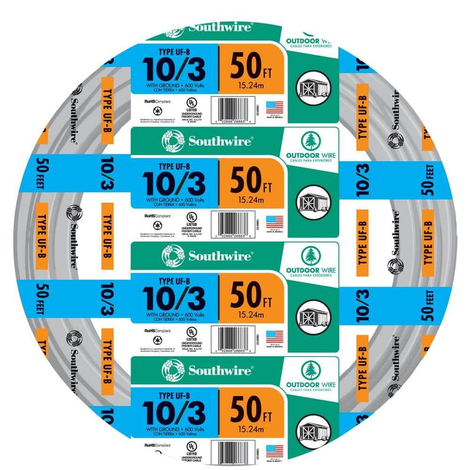 Southwire 50 ft. 10/3 Gray Solid CU UF-B W/G Wire