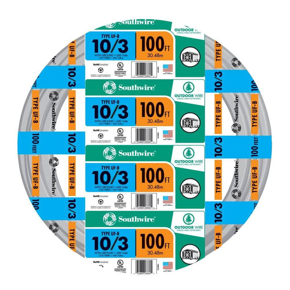 Southwire 100 ft. 10/3 Gray Solid CU UF-B W/G Wire