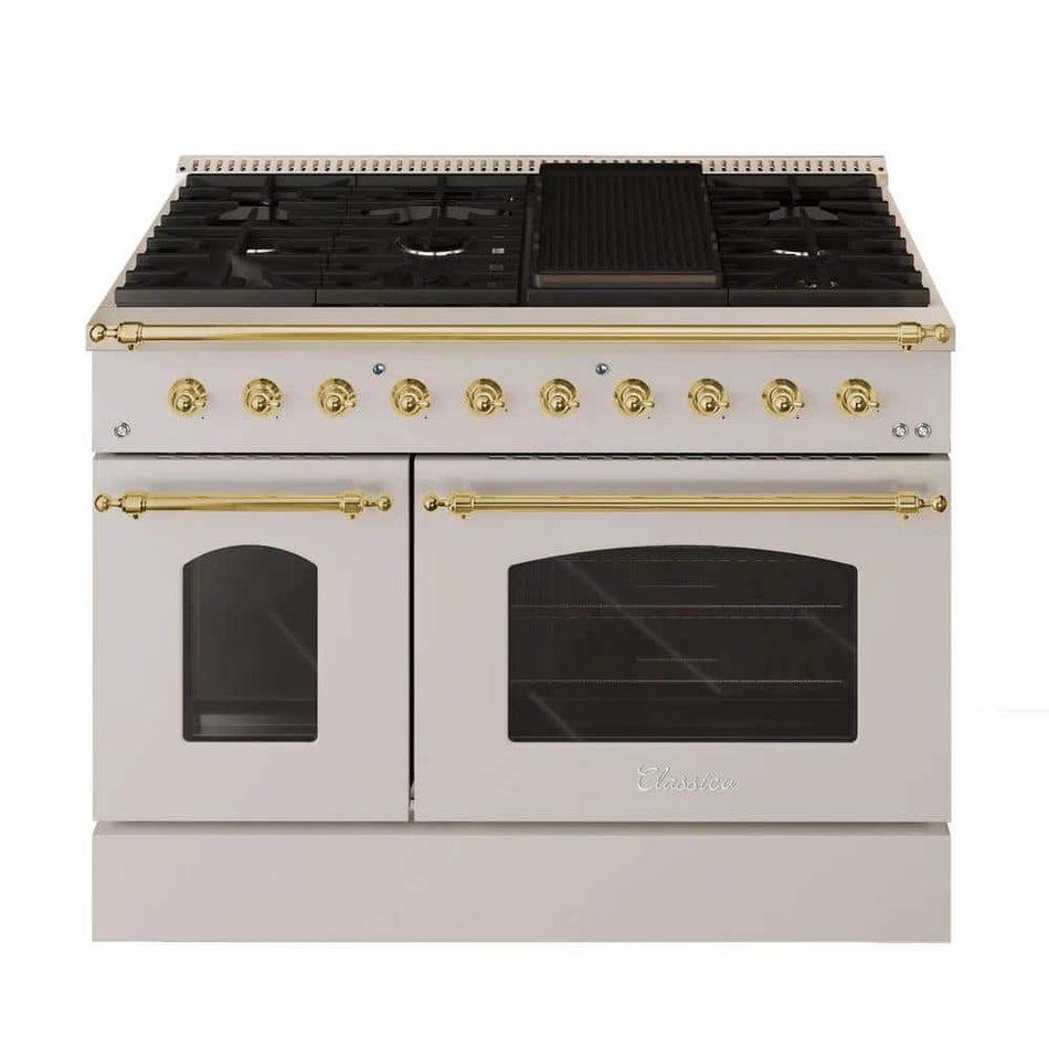 Hallman CLASSICO 48-in, 8 Burner, Double Oven Dual Fuel Range LP Gas Stove and Electric Oven, Stainless steel w-Brass Trim