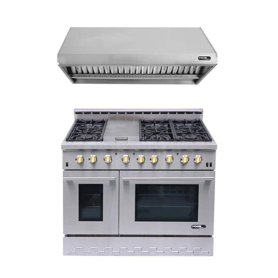 NXR Entree Bundle 48 in. 7.2 cu. ft. Pro-Style Gas Range with Convection Oven and Range Hood in Stainless Steel and Gold