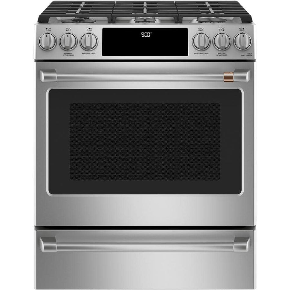 Cafe 30 in. 5.7 cu. ft. Smart Slide-In Dual Fuel Range with Convection in Stainless Steel