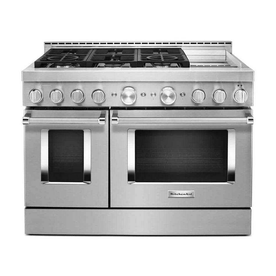 KitchenAid 48 in. 6.3 cu. ft. Smart Double Oven Commercial-Style Gas Range with Griddle and True Convection in Stainless Steel