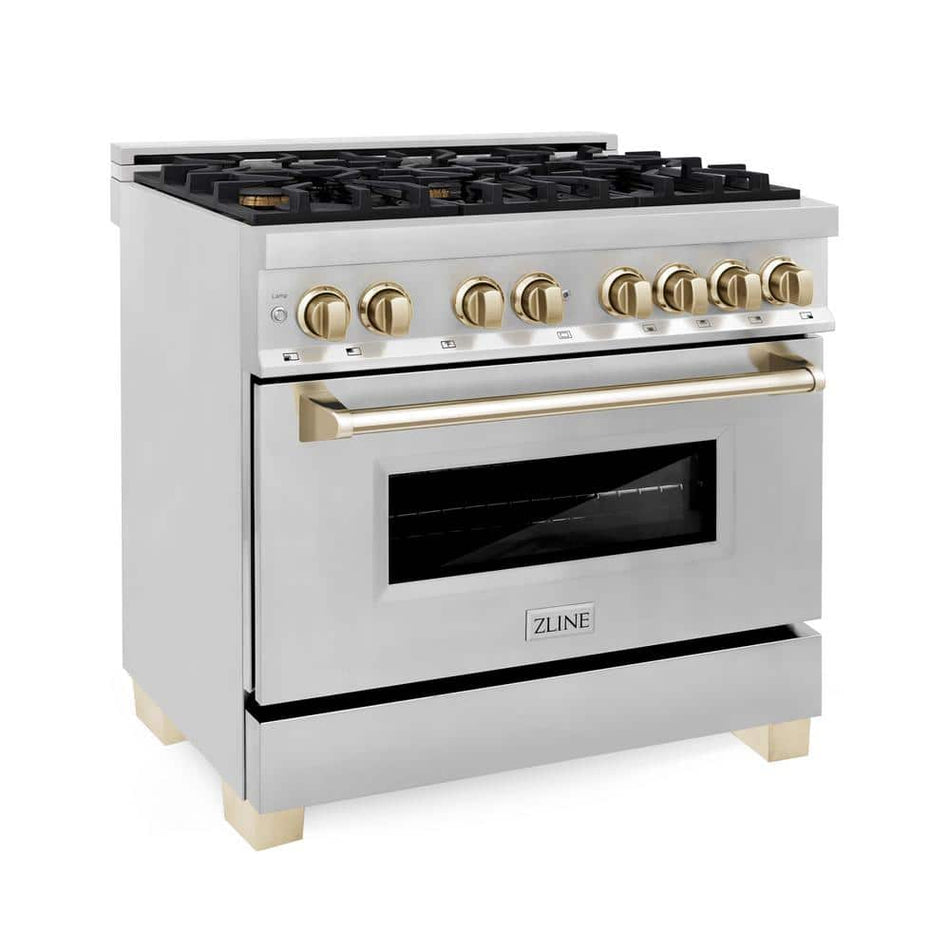 ZLINE Kitchen and Bath Autograph Edition 36 in. 6 Burner Dual Fuel Range in Stainless Steel and Polished Gold