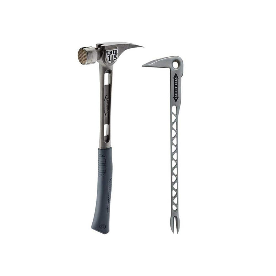 Stiletto 15 oz. TiBone 3 Milled Face with Curved Handle and Titanium Trim and 12 in. Titanium Clawbar Nail Puller with Dimpler