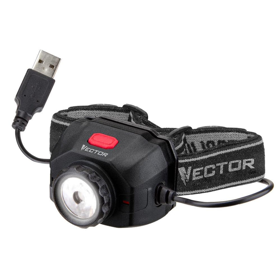 VECTOR 600 Lumen LED Headlamp Flashlight, Rechargeable, 5 Functions, Zoom Focus, USB Charging Cord