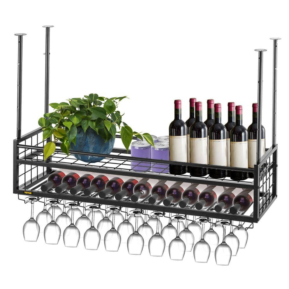 VEVOR 33-Bottle Ceiling Wine Glass Rack 46.9 in. x 11.8 in. Black Hanging Wine Glass Rack Hanging Wine Rack Cabinet