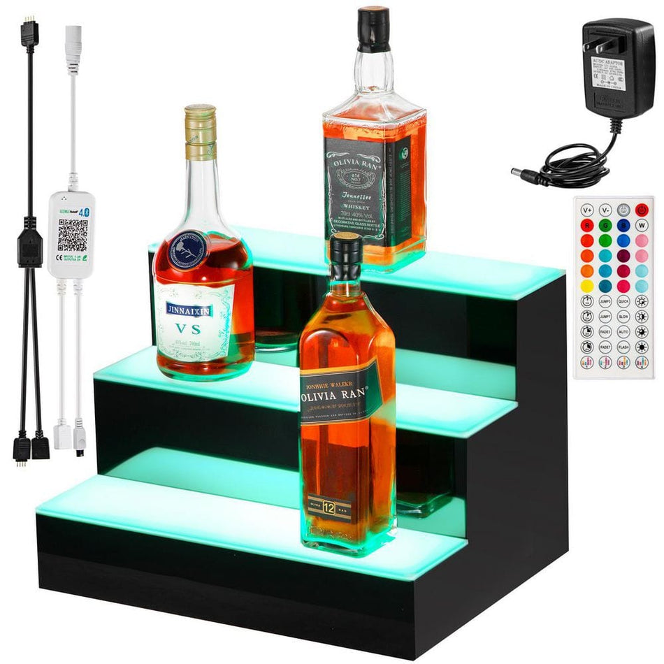 VEVOR 9-Bottle LED Lighted Liquor Bottle Display Shelf 16 in. LED Bar Shelves for Liquor 3-Step Wine Rack for Commercial Bar