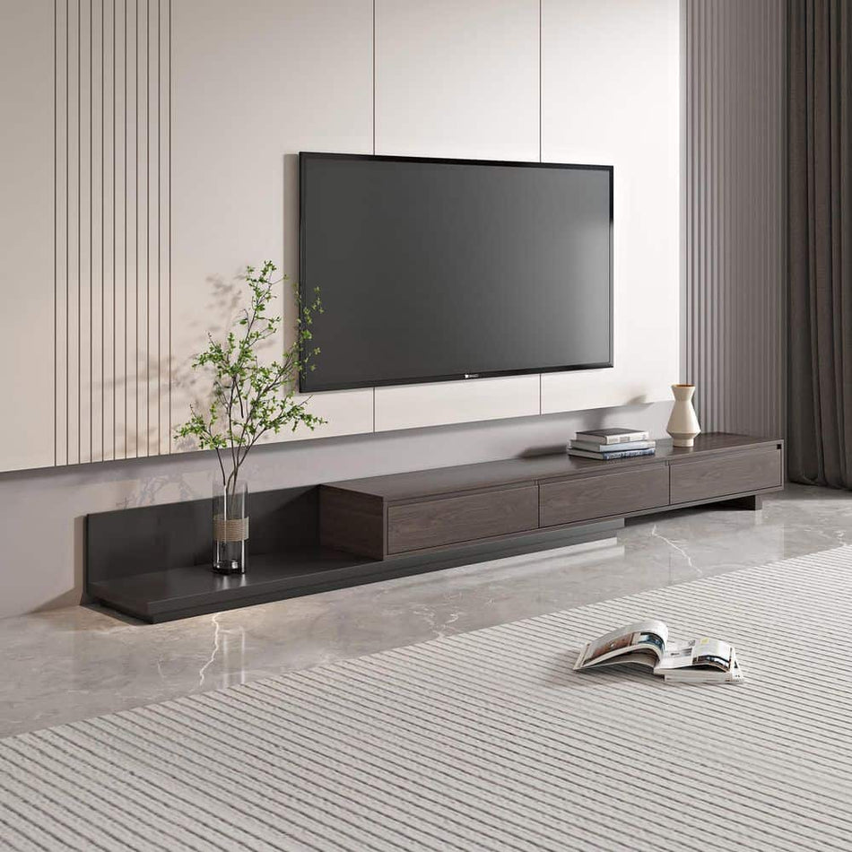 THE RIGHT PATH 118 in. Modern Walnut Veneer Retractable TV Stand Extendable Media Console with 3 Drawers