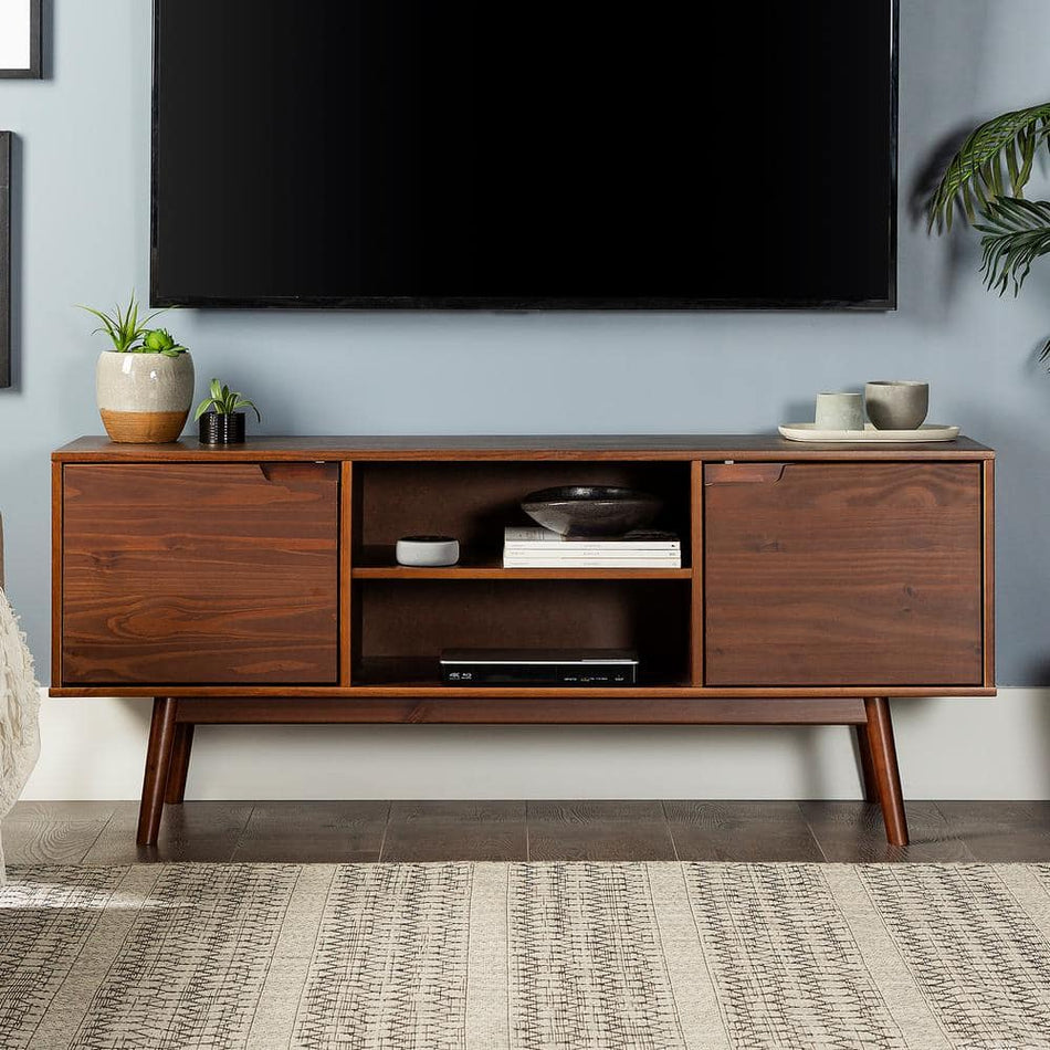 Welwick Designs 58 in. W Walnut Solid Wood TV Stand with Cutout Cabinet Handles (Max tv size 65 in.)