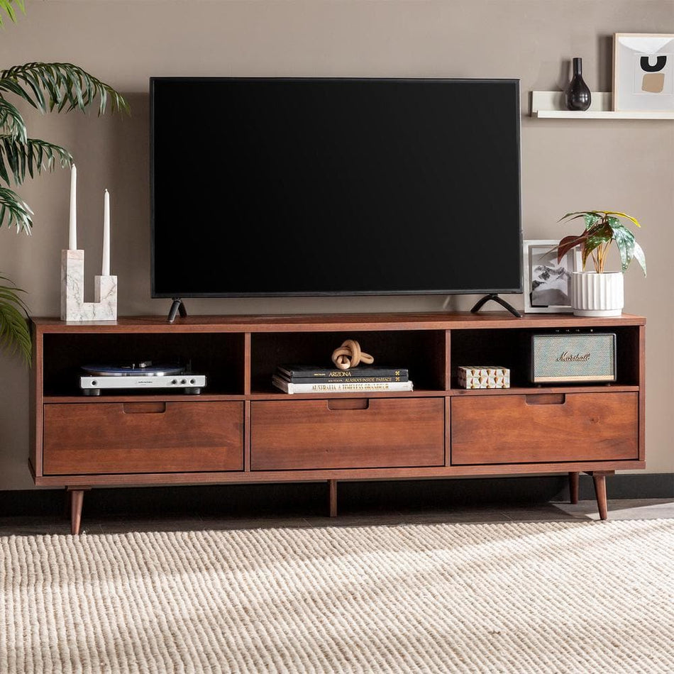 Welwick Designs 70 in. Walnut Solid Wood Boho Modern 3-Drawer TV Stand Fits TVs up to 80 in.