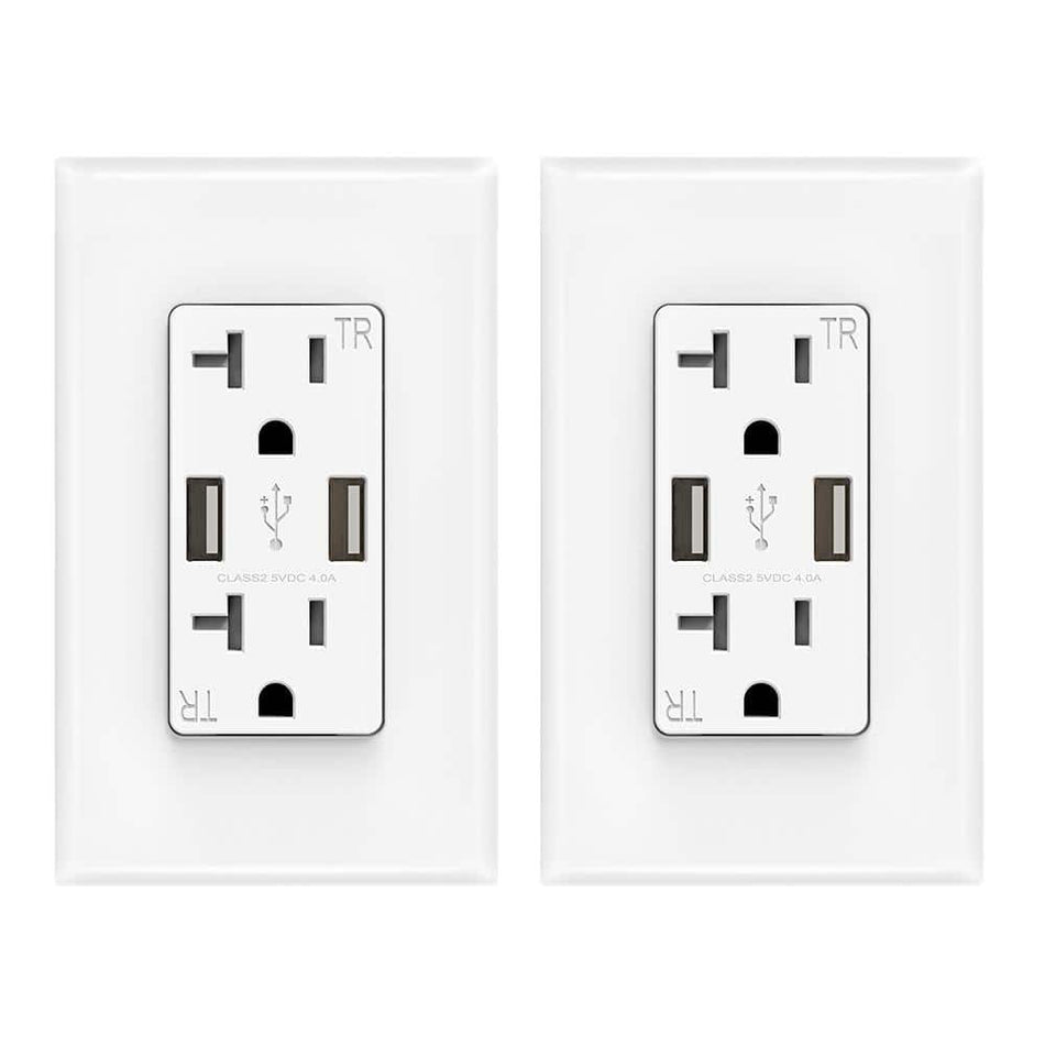 ELEGRP 4 Amp USB Dual Type A In-Wall Charger with 20 Amp Duplex Tamper Resistant Outlet, Wall Plate Included, White (2-Pack)