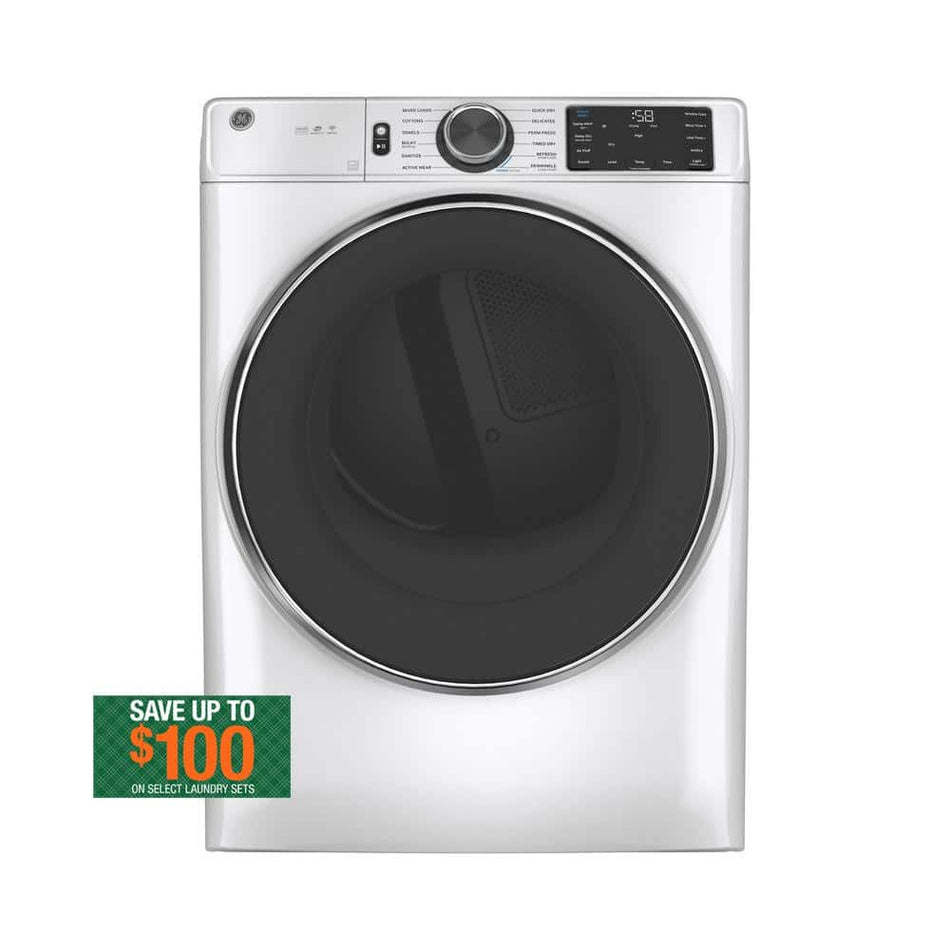 GE 7.8 cu.ft. Smart Front Load Electric Dryer in White with Steam and Sanitize