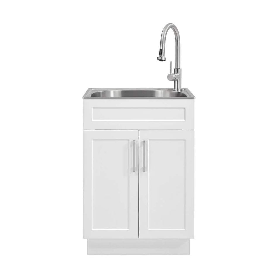 Glacier Bay All-in-One Stainless Steel 24 in Laundry Sink with Faucet and Storage Cabinet in White