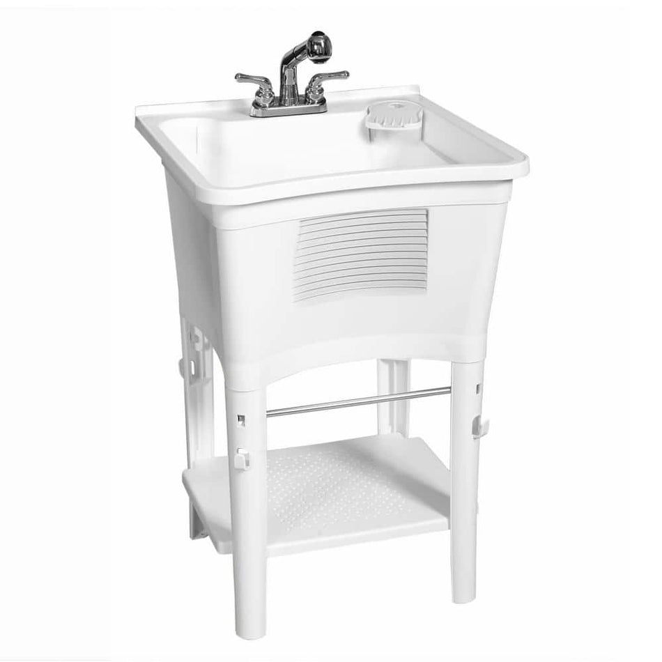 Glacier Bay All-in-One 24 in. x 24 in. 20 Gal. Freestanding Laundry Tub in White, with Non-Metallic Pull-Out Faucet in Chrome