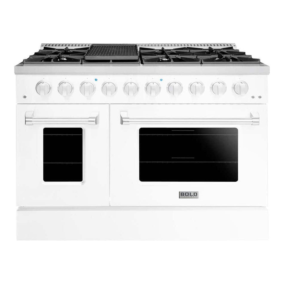 Hallman BOLD 48 IN, 8 Burner Freestanding Double Oven Gas Range with Gas Stove and Gas Oven in. White