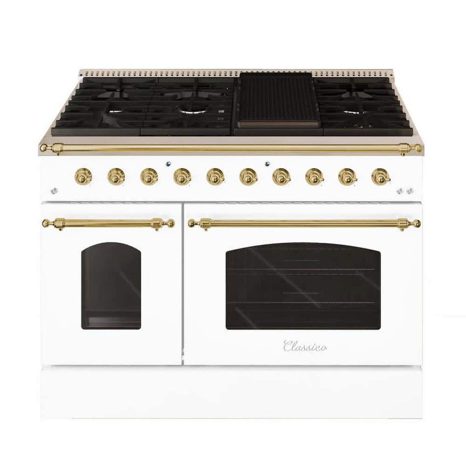 Hallman CLASSICO 48 in. TTL 6.7 Cu. ft. 8 Burner Freestanding Dual Fuel Range Gas Stove and Electric Oven, White with Brass Trim