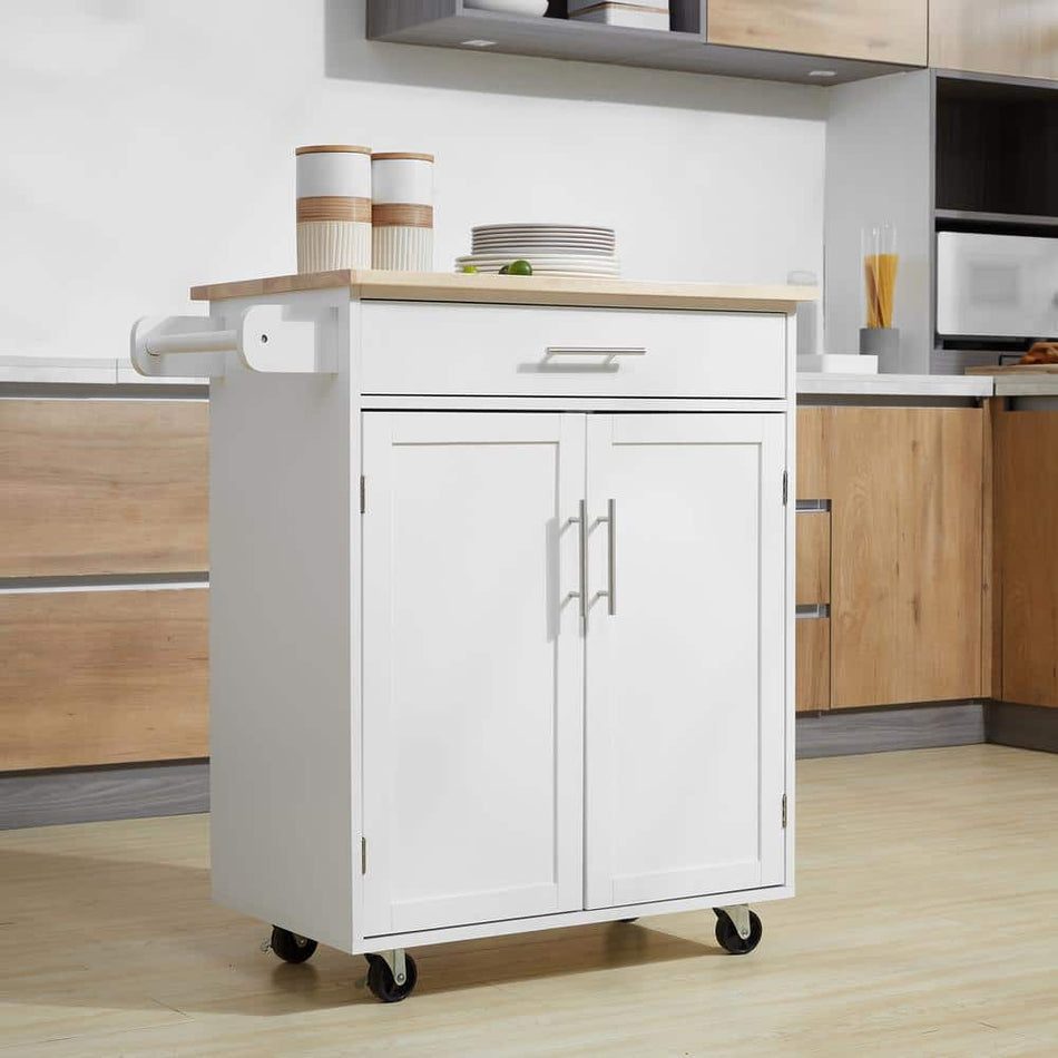 HOMCOM White Rolling Kitchen Island Cart with Drawer, Interior Cabinet and Towel Rack