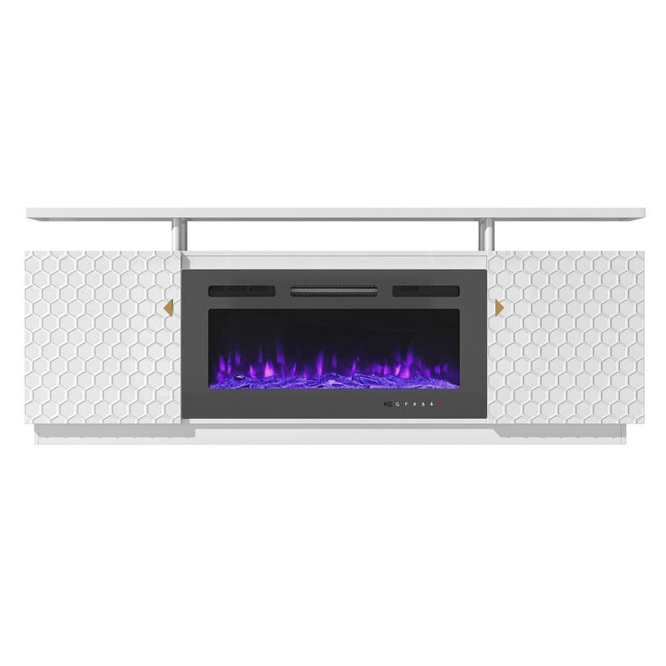 Boyel Living White TV Stand Fits TVs Upto 70 in. with 2-Doors and 36 in. Electric Fireplace