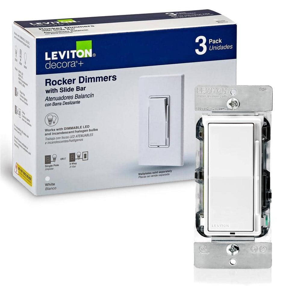 Leviton Decora 600-Watt Single-Pole/3-Way Universal Rocker Slide Dimmer, White (3-Pack)