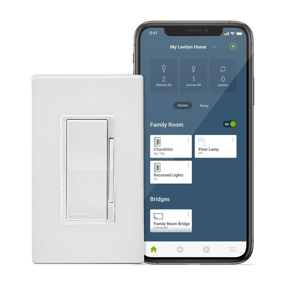 Leviton Decora Smart No-Neutral 600-Watt Dimmer, Requires MLWSB Wi-Fi Bridge, White