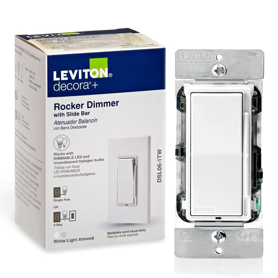 Leviton Decora 600-Watt Single-Pole/3-Way Universal Rocker Slide Dimmer, White/Light Almond