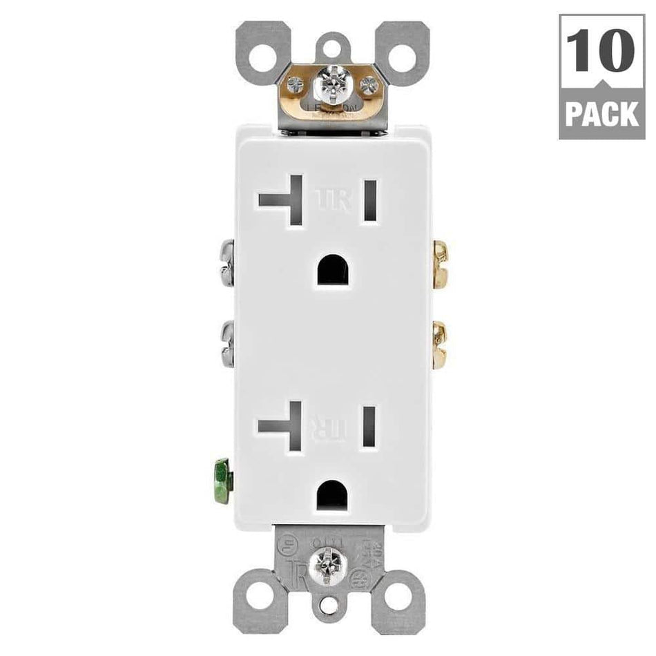 Leviton Decora 20 Amp Tamper Resistant Duplex Outlet, White (10-Pack)