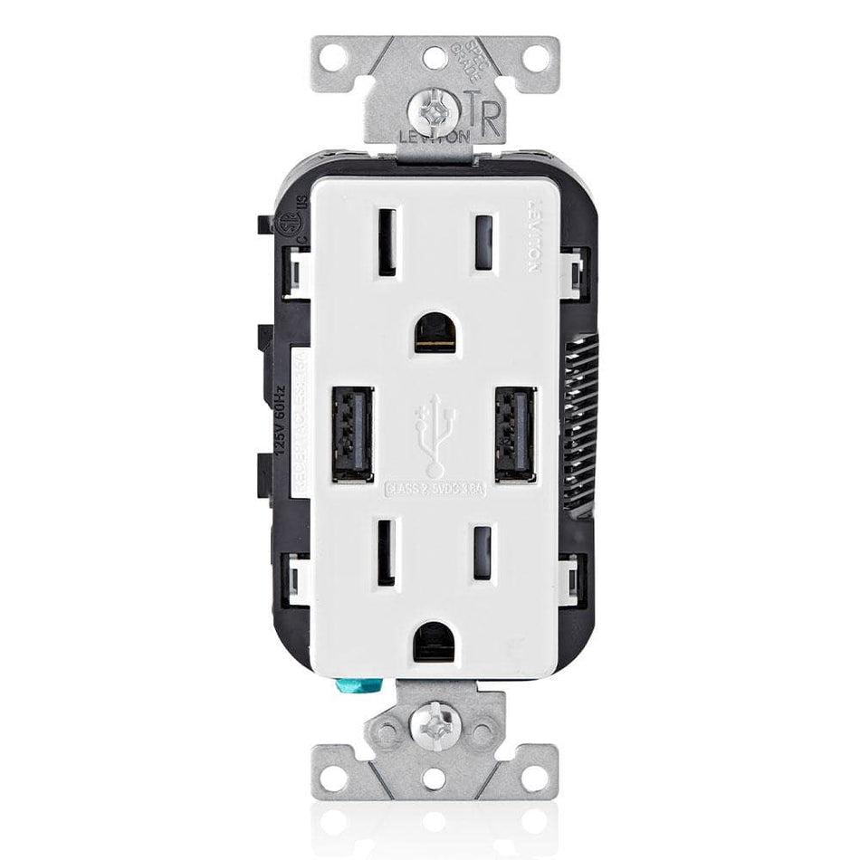 Leviton 3.6A USB Dual Type A In-Wall Charger with 15 Amp Tamper-Resistant Outlets, White