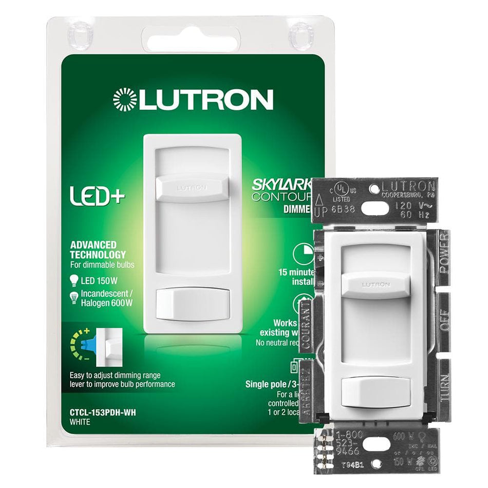 Lutron Skylark Contour LED+ Dimmer Switch for LED and Incandescent Bulbs, 150-Watt/Single-Pole or 3-Way, White (CTCL-153PDH-WH)