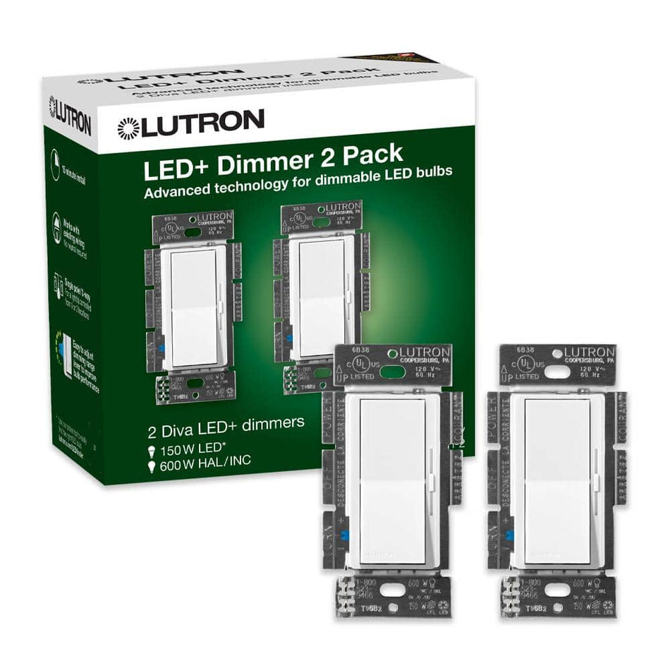 Lutron Diva LED+ Dimmer Switch for Dimmable LED Bulbs, 150-Watt/Single-Pole or 3-Way, White (DVCL-153P-WH-2) (2-Pack)