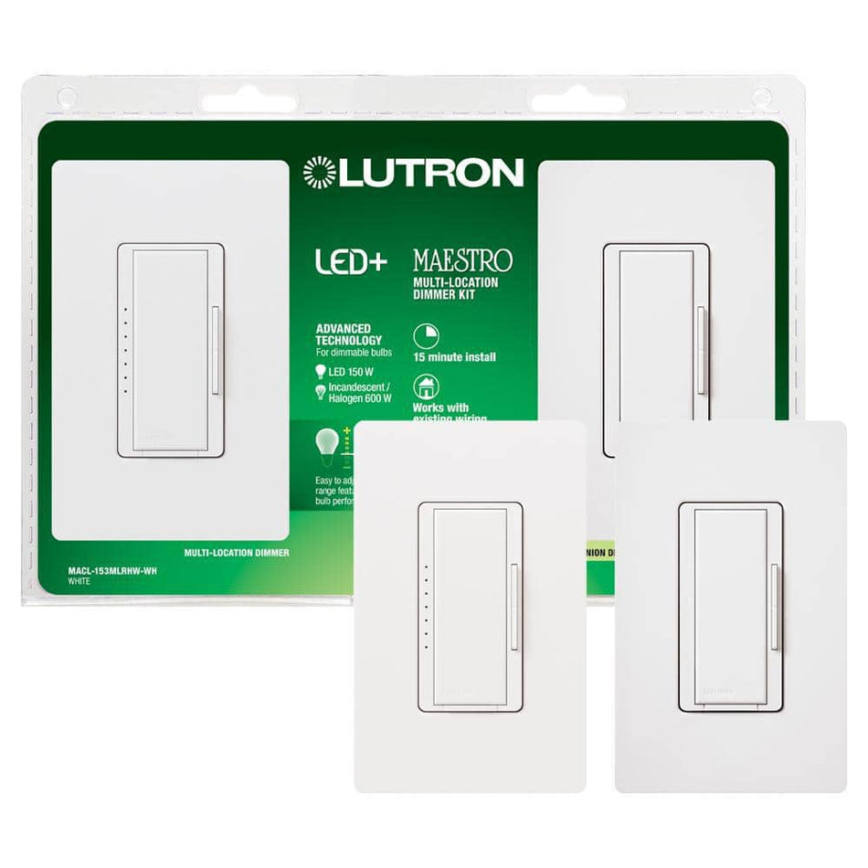 Lutron Maestro LED+ Dimmer Switch Kit with Companion Switch, 150W LED/3-Way or Multi-Location, White (MACL-153M-RHW-WH)