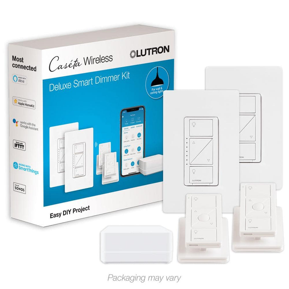 Lutron Caseta Smart Lighting Dimmer Switch (2 count) Kit with Smart Hub, Pedestals for Pico Remotes (P-BDG-PKG2W)