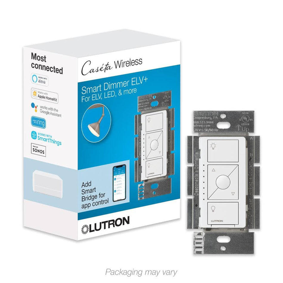 Lutron Caseta Smart Lighting Dimmer Switch for ELV Bulbs, 250W LED Bulbs, White (PD-5NE-WH)