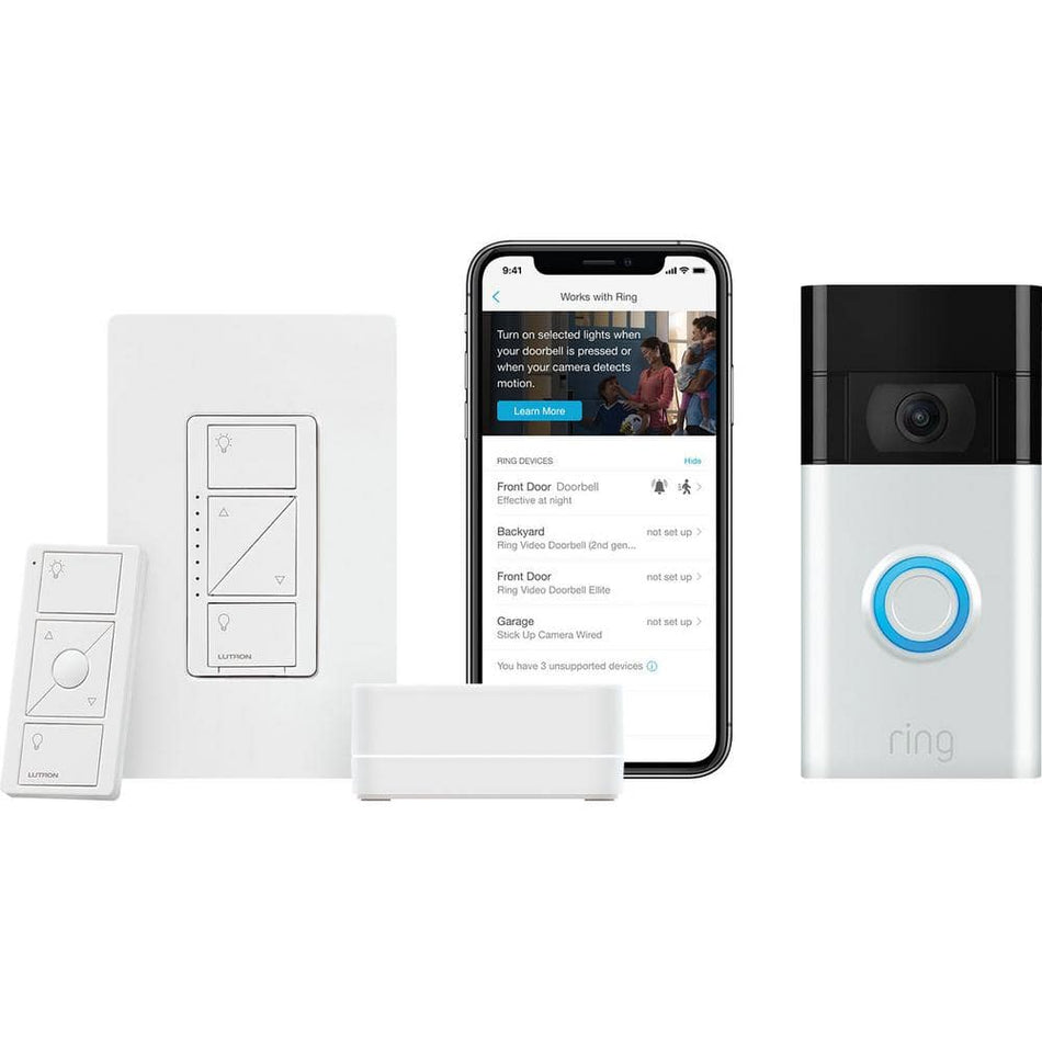 Lutron Caseta Smart Dimmer Switch Starter Kit with Ring 1080p Smart Video Doorbell Camera (2020 Release) (PRBDG-PKG1W)