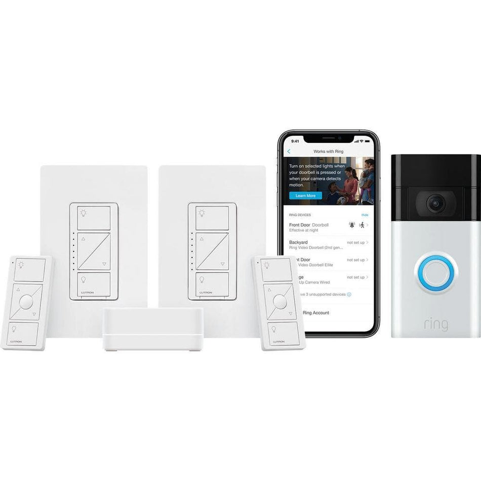 Lutron Caseta Smart Dimmer Switch (2 Count) Deluxe Kit with Ring Smart Video Doorbell Camera (2020 Release) (PRBDG-PKG2W-HD)