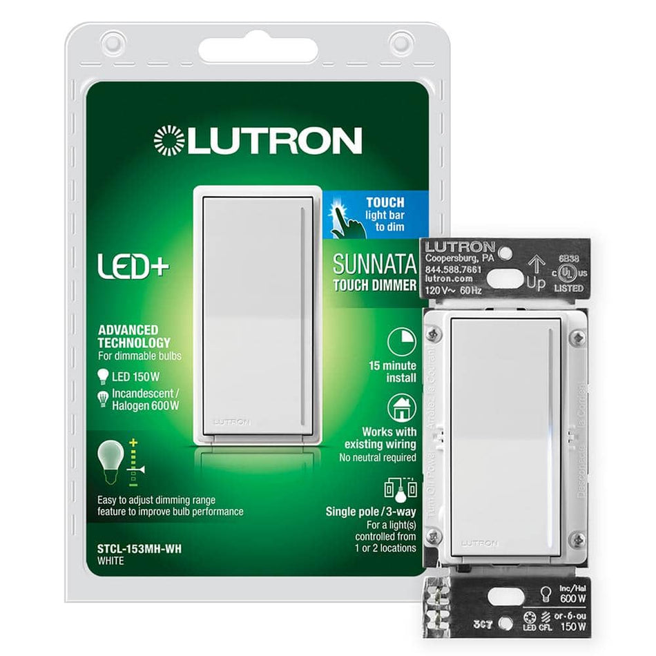 Lutron Sunnata Touch Dimmer Switch, for LED and Incandescent Bulbs, 150-Watt LED/3 Way or Multi Location, White (STCL-153MH-WH)