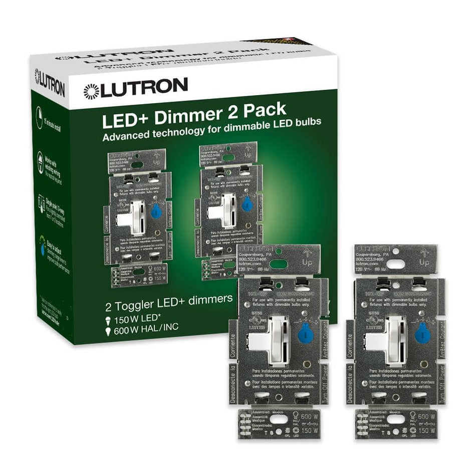 Lutron Toggler LED+ Dimmer Switch for Dimmable LED Bulbs, 150W LED/Single-Pole or 3-Way, White (TGCL-153P-WH-2) (2-Pack)