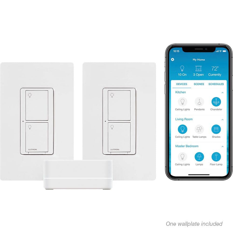 Lutron Caseta Smart Lighting Switch (2 Count) Starter Kit with Smart Hub, Neutral Wire Required (CASETA-2SW-HD)