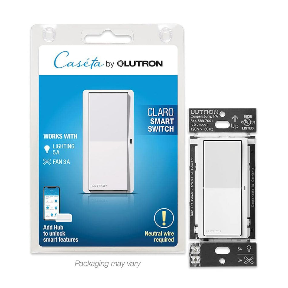 Lutron Claro Smart Switch for Caseta, On/Off Control of Lights/Fans, 5-Amp/Neutral Wire Required, White (DVRF-5NS-WH-R)