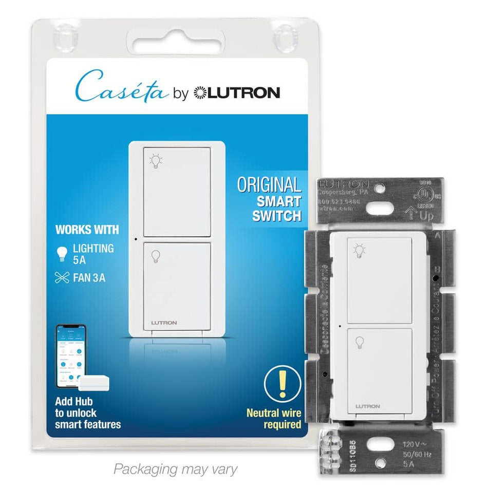 Lutron Caseta Smart Switch for All Bulb Types or Fans, 5A, Neutral Wire Required, White (PD-5ANS-WH-R)