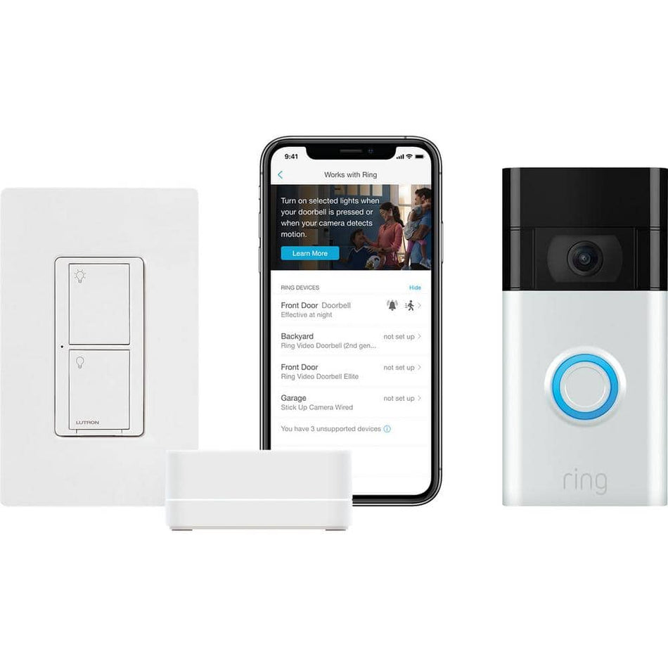 Lutron Caseta Smart Switch Kit (Neutral Wire Required) w/Ring 1080p Smart Doorbell, Satin Nickel (2020 Release) (PRBDG-PKG1WS)