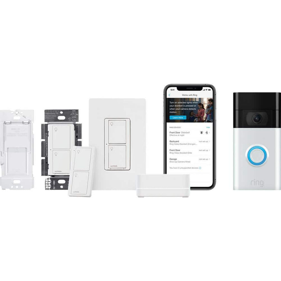 Lutron Caseta Smart Switch (2 Count, Neutral Req.) Kit w/Ring 1080p Smart Doorbell, Satin Nickel (2020 Ver.) (PRBDG-PKG2WS-WH)