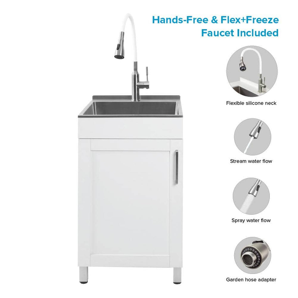 Transolid All-in-One 20 in. x 20 in. x 34.6 in. Stainless Steel Freestanding Laundry/Utility Sink and Cabinet with Faucet in White